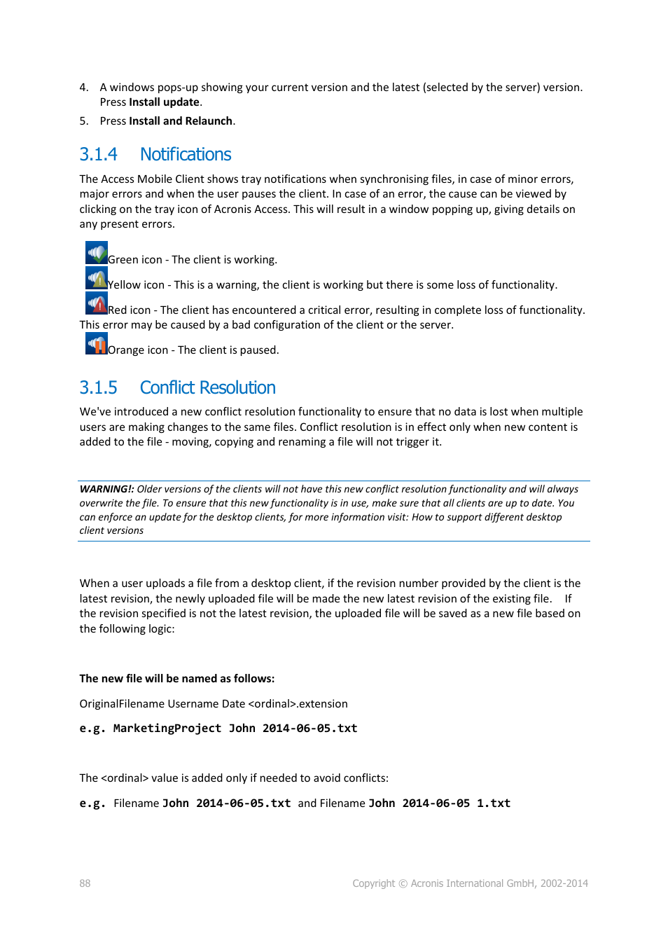 4 notifications, 5 conflict resolution, Notifications | Conflict resolution | Acronis Access Advanced - User Guide User Manual | Page 88 / 97