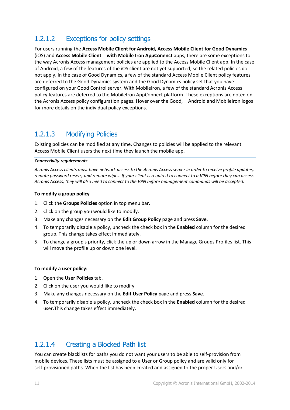 2 exceptions for policy settings, 3 modifying policies, 4 creating a blocked path list | Exceptions for policy settings, Modifying policies, Creating a blocked path list | Acronis Access Advanced - Administrator's Guide User Manual | Page 11 / 259