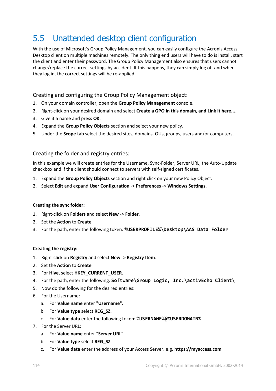 5 unattended desktop client configuration, Unattended desktop client configuration | Acronis Access Advanced - Administrator's Guide User Manual | Page 114 / 259