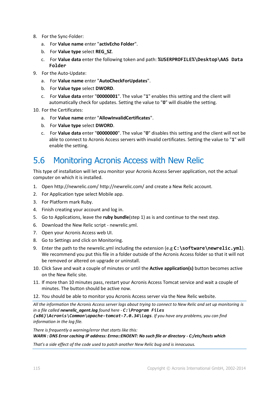 6 monitoring acronis access with new relic, Monitoring acronis access with new relic, P. 115) | Acronis Access Advanced - Administrator's Guide User Manual | Page 115 / 259