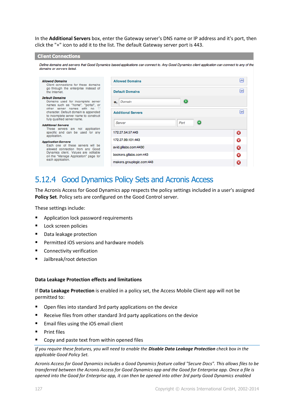 4 good dynamics policy sets and acronis access, Good dynamics policy sets and acronis access | Acronis Access Advanced - Administrator's Guide User Manual | Page 127 / 259