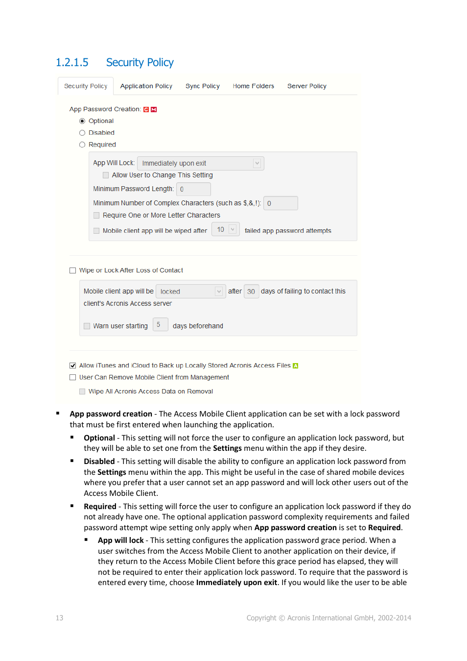 5 security policy, Security policy, P. 13) | Acronis Access Advanced - Administrator's Guide User Manual | Page 13 / 259