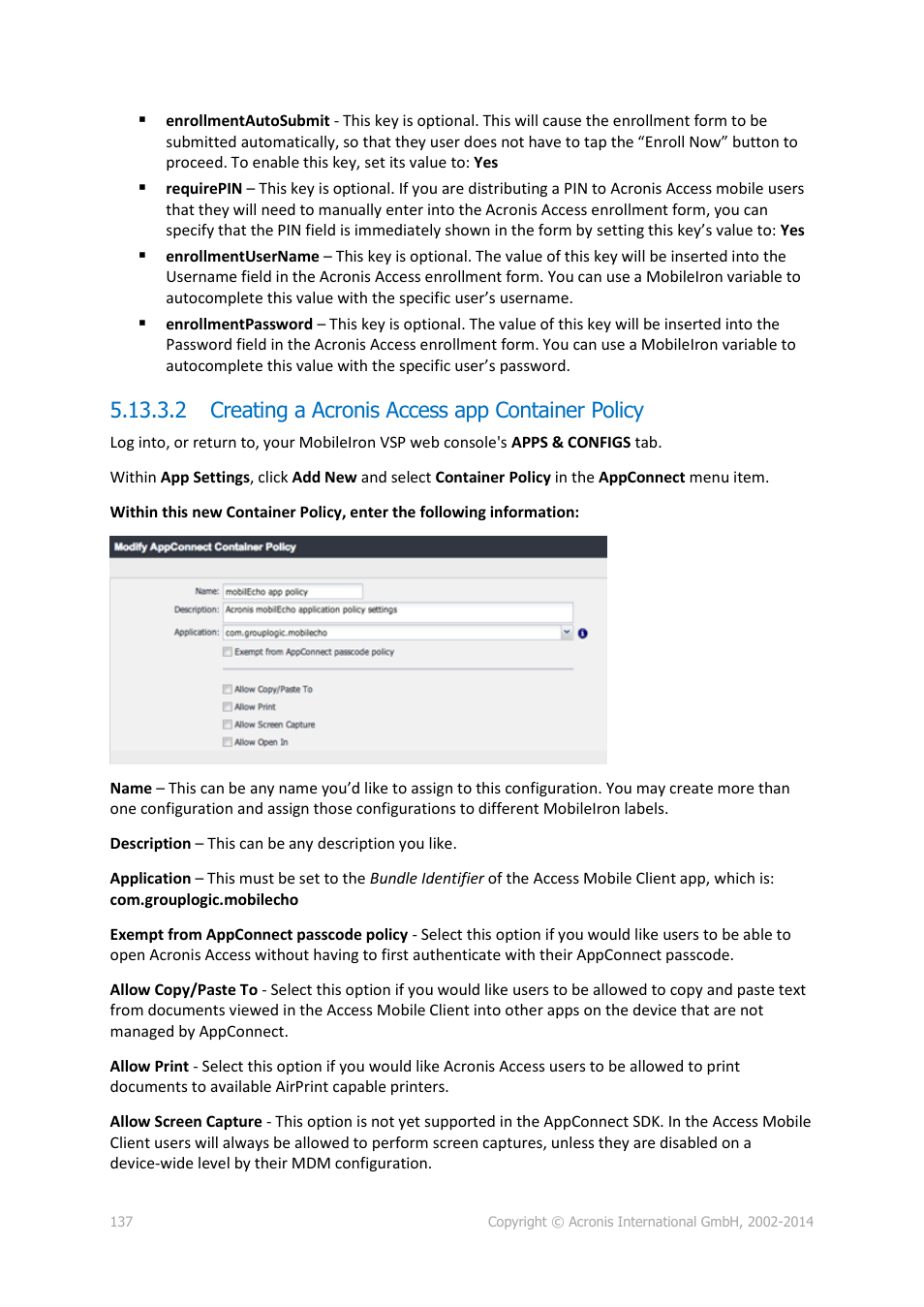 2 creating a acronis access app container policy, Creating a acronis access app container policy | Acronis Access Advanced - Administrator's Guide User Manual | Page 137 / 259