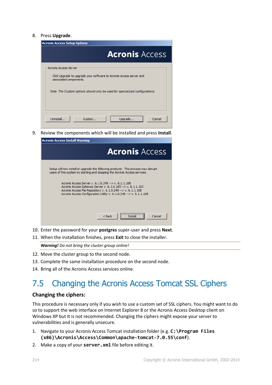 5 changing the acronis access tomcat ssl ciphers, Changing the acronis access tomcat ssl ciphers | Acronis Access Advanced - Administrator's Guide User Manual | Page 214 / 259
