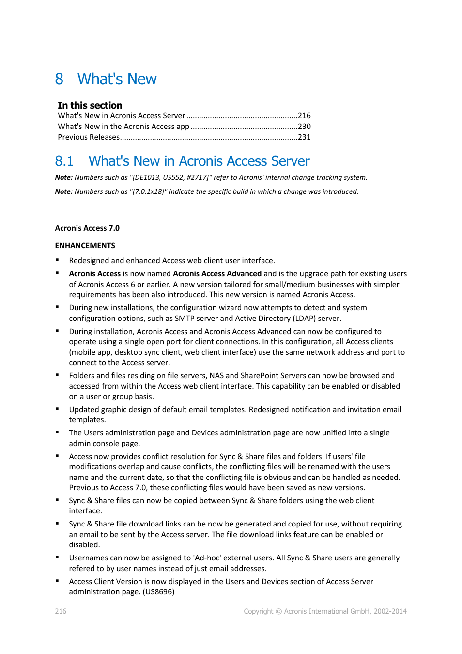 8 what's new, 1 what's new in acronis access server, What's new | What's new in acronis access server | Acronis Access Advanced - Administrator's Guide User Manual | Page 216 / 259