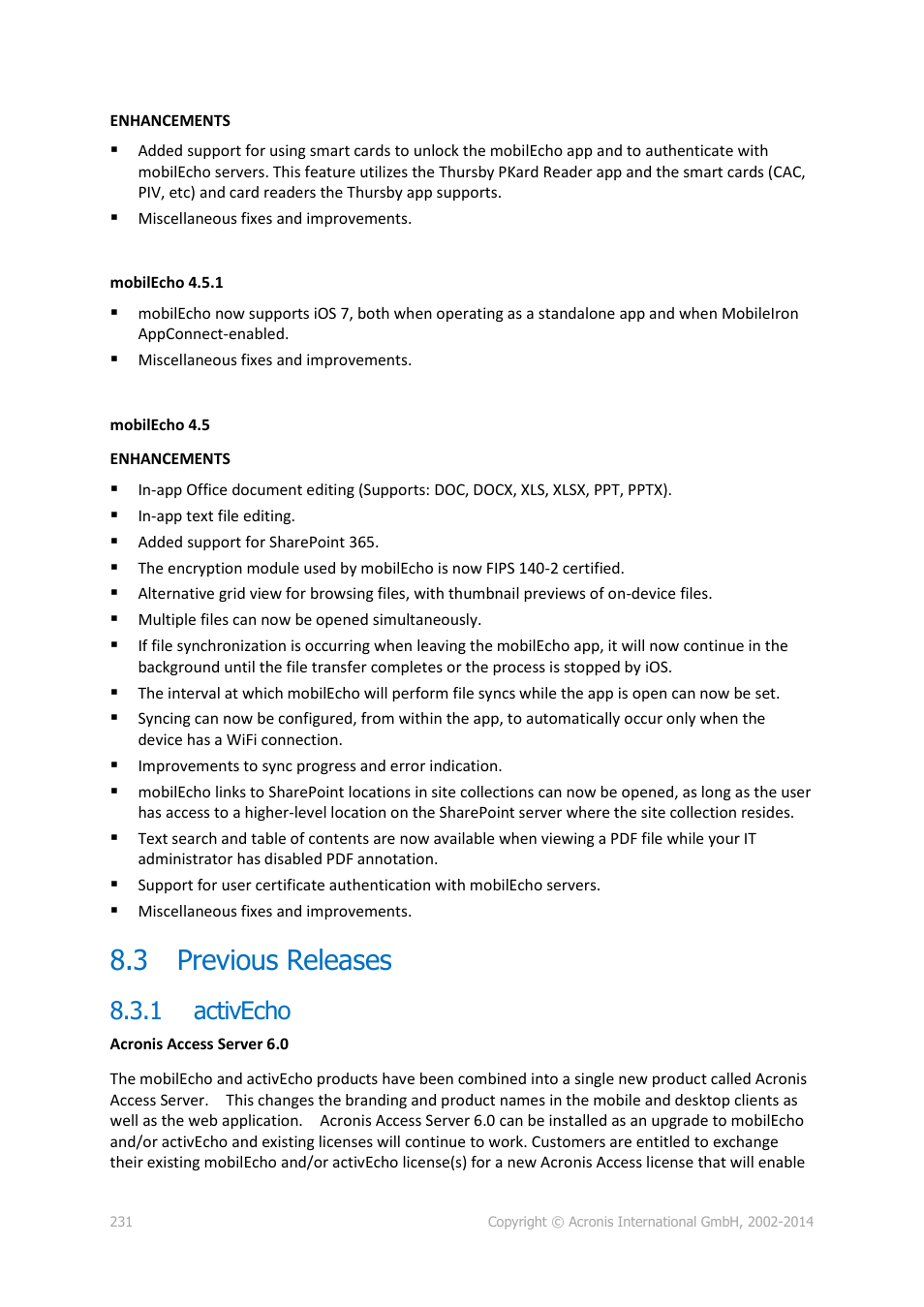 3 previous releases, 1 activecho, Previous releases | Activecho | Acronis Access Advanced - Administrator's Guide User Manual | Page 231 / 259