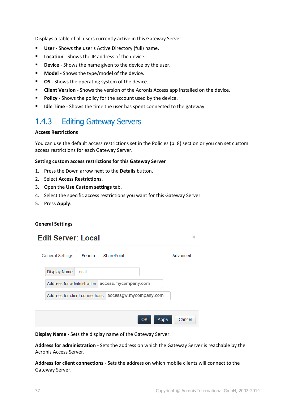 3 editing gateway servers, Editing gateway servers | Acronis Access Advanced - Administrator's Guide User Manual | Page 37 / 259