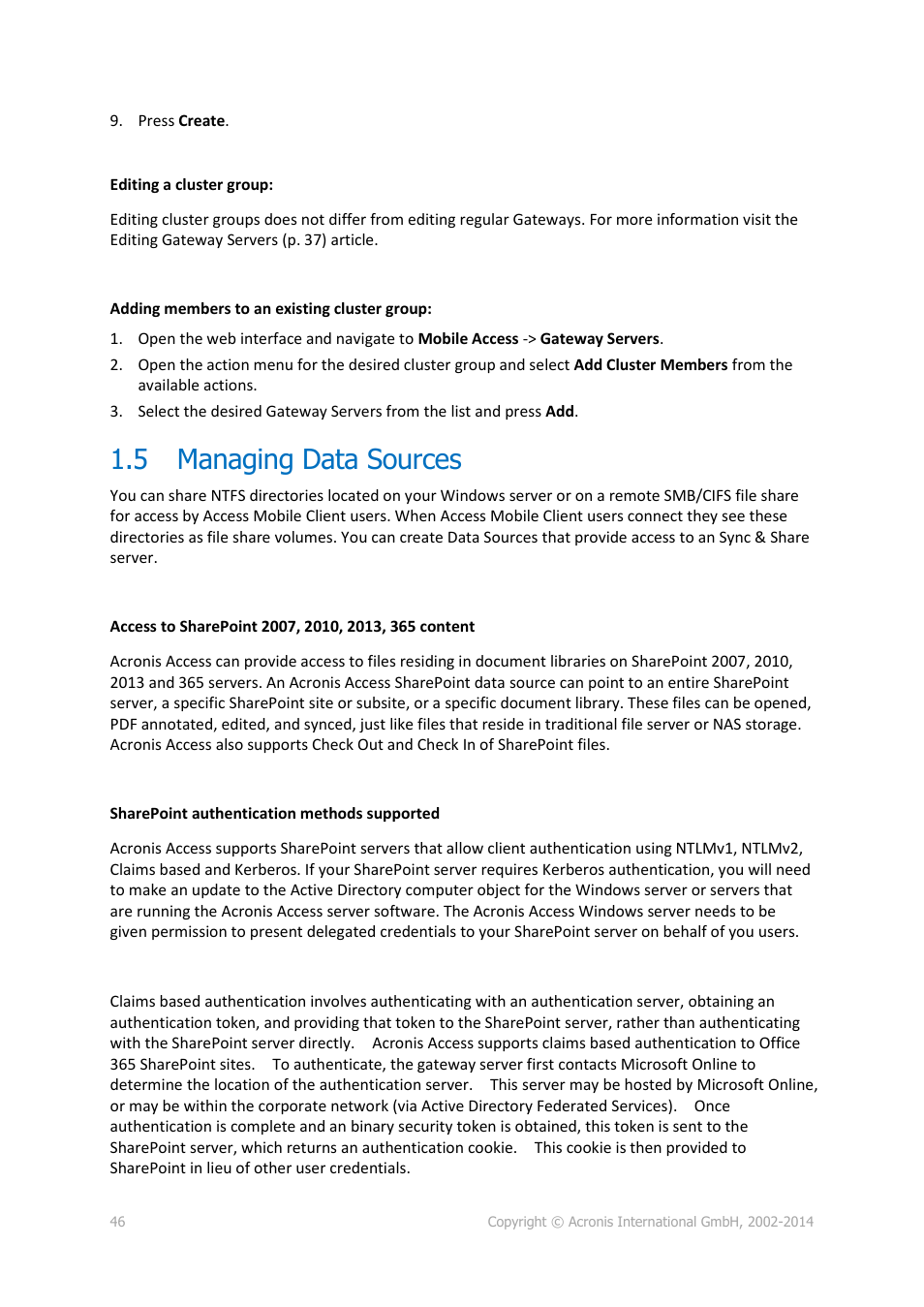 5 managing data sources, Managing data sources | Acronis Access Advanced - Administrator's Guide User Manual | Page 46 / 259