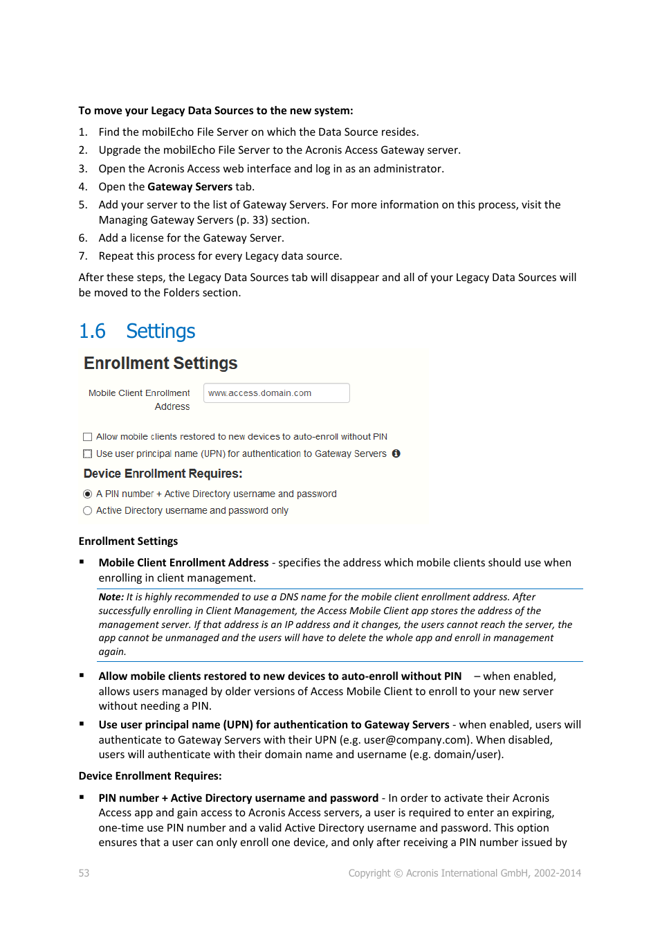 6 settings, Settings | Acronis Access Advanced - Administrator's Guide User Manual | Page 53 / 259