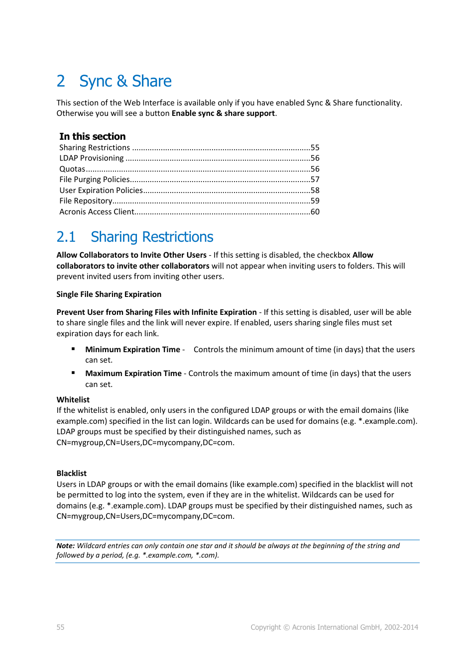 2 sync & share, 1 sharing restrictions, Sync & share | Sharing restrictions | Acronis Access Advanced - Administrator's Guide User Manual | Page 55 / 259