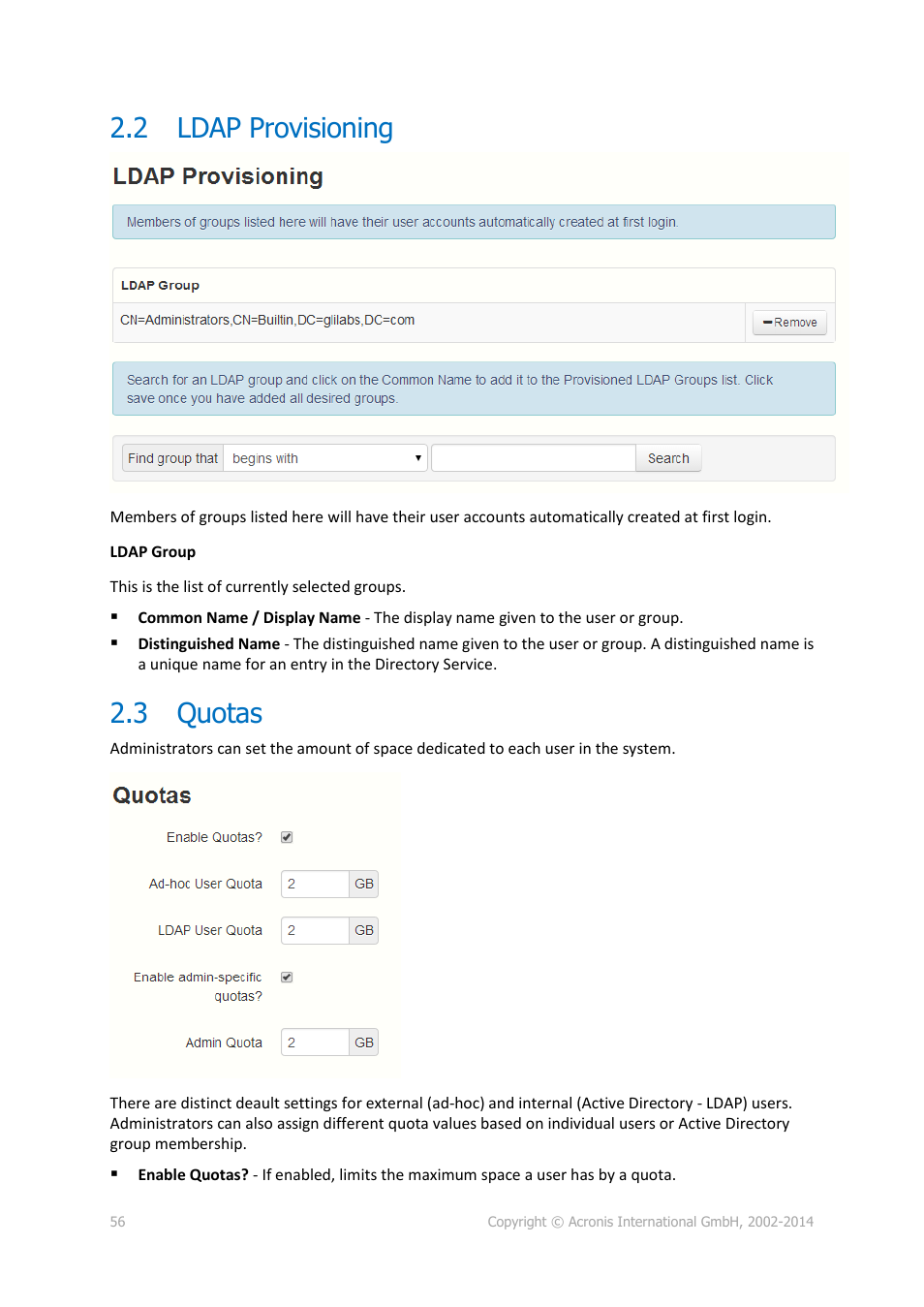 2 ldap provisioning, 3 quotas, Ldap provisioning | Quotas | Acronis Access Advanced - Administrator's Guide User Manual | Page 56 / 259