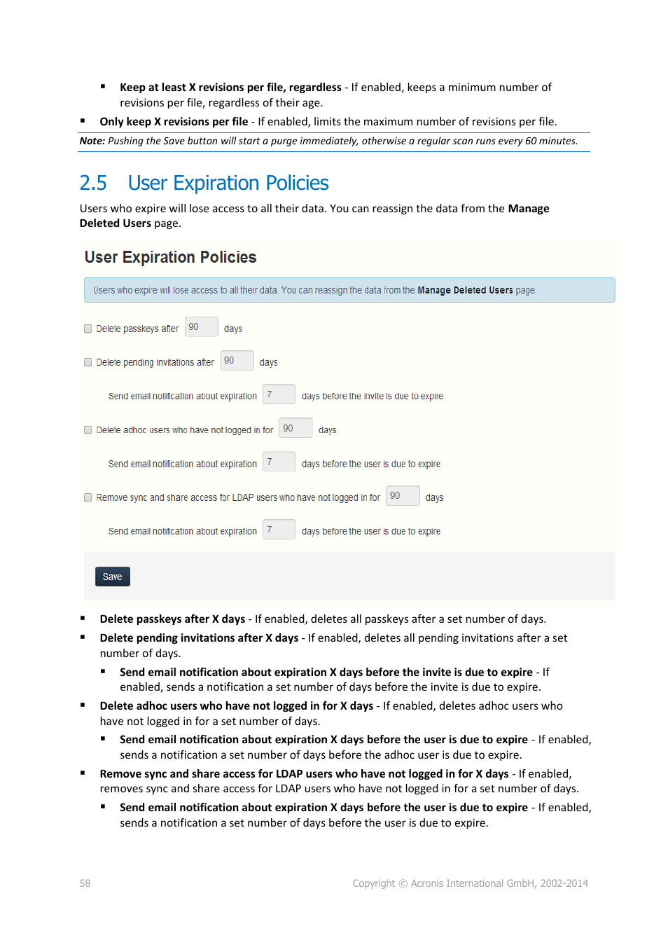 5 user expiration policies, User expiration policies | Acronis Access Advanced - Administrator's Guide User Manual | Page 58 / 259