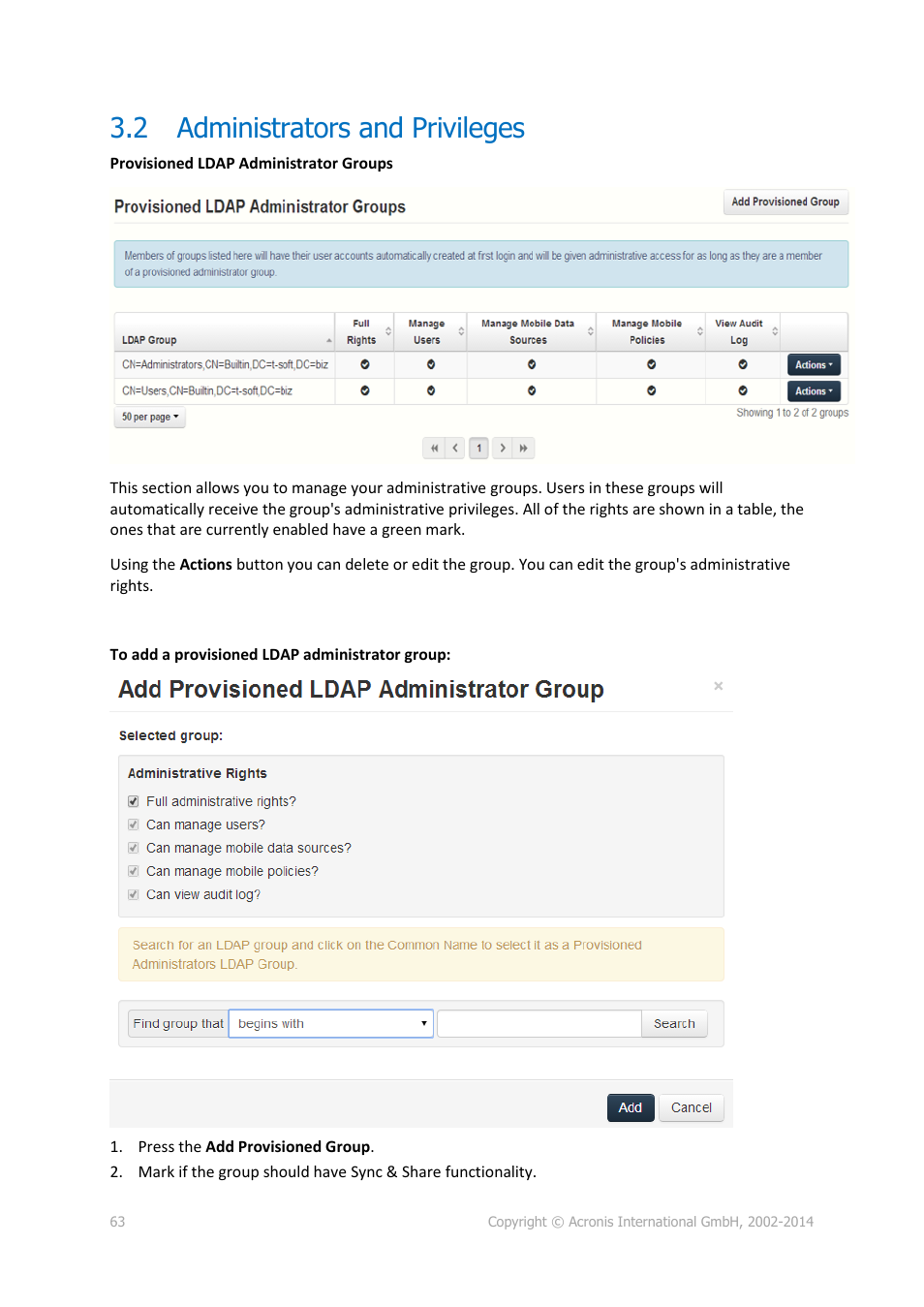 2 administrators and privileges, Administrators and privileges | Acronis Access Advanced - Administrator's Guide User Manual | Page 63 / 259