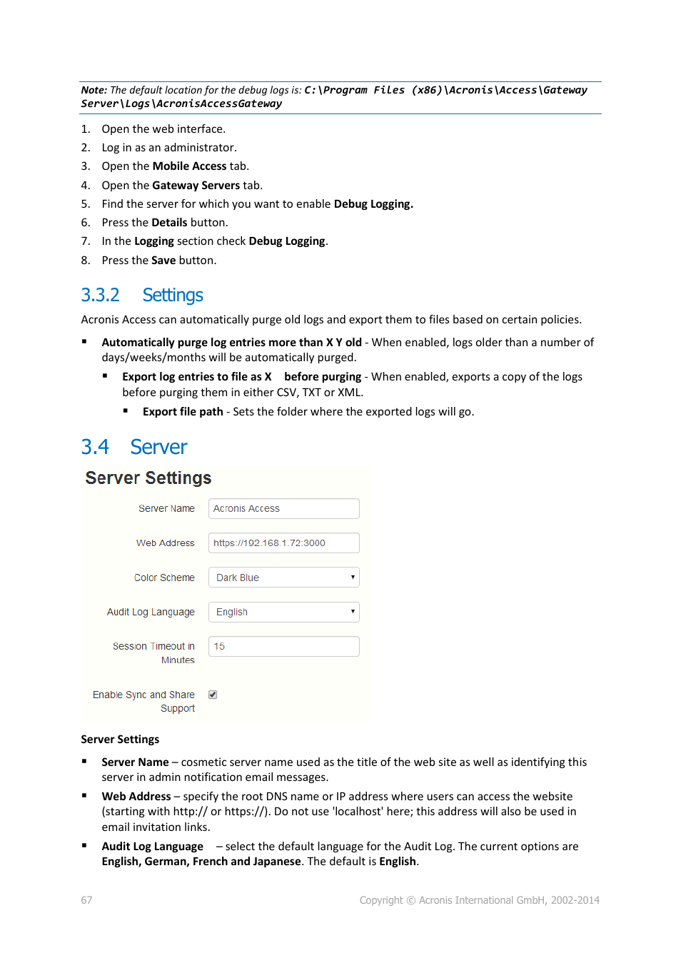 2 settings, 4 server, Settings | Server | Acronis Access Advanced - Administrator's Guide User Manual | Page 67 / 259