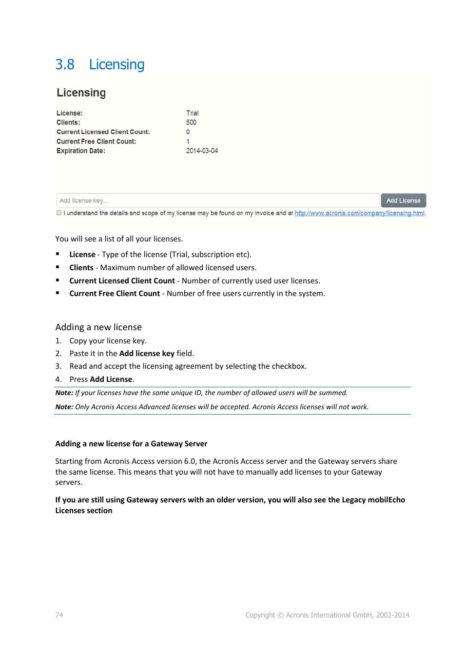 8 licensing, Licensing | Acronis Access Advanced - Administrator's Guide User Manual | Page 74 / 259
