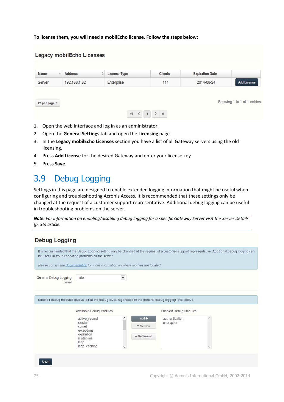 9 debug logging, Debug logging | Acronis Access Advanced - Administrator's Guide User Manual | Page 75 / 259