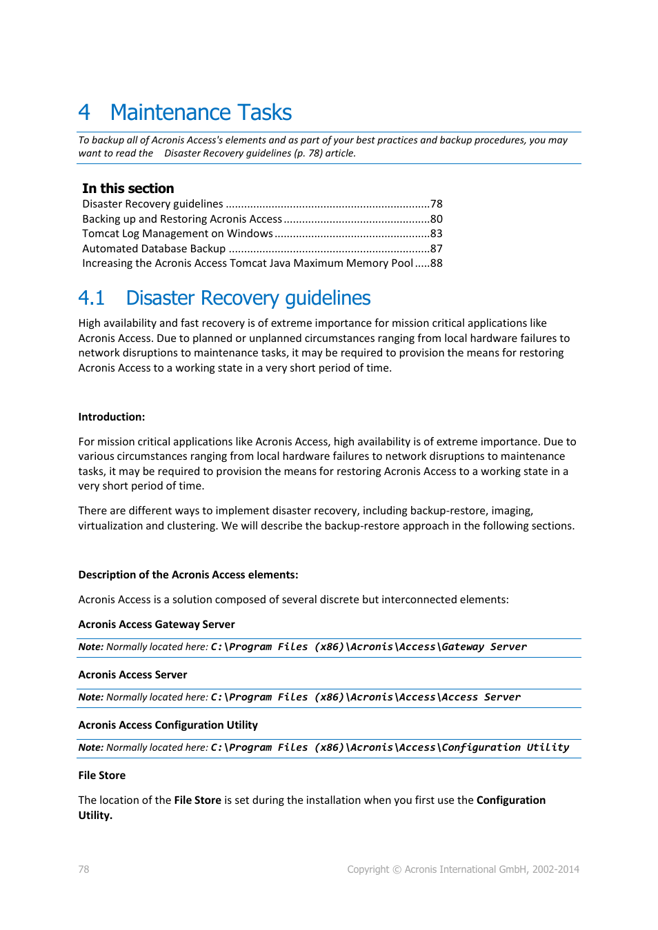 4 maintenance tasks, 1 disaster recovery guidelines, Maintenance tasks | Disaster recovery guidelines | Acronis Access Advanced - Administrator's Guide User Manual | Page 78 / 259