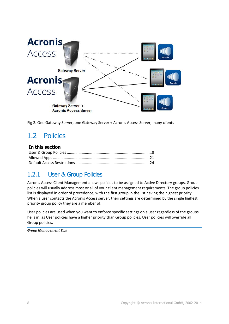 2 policies, 1 user & group policies, Policies | User & group policies | Acronis Access Advanced - Administrator's Guide User Manual | Page 8 / 259