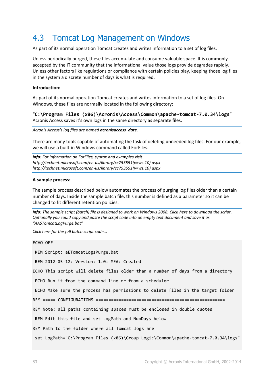 3 tomcat log management on windows, Tomcat log management on windows | Acronis Access Advanced - Administrator's Guide User Manual | Page 83 / 259