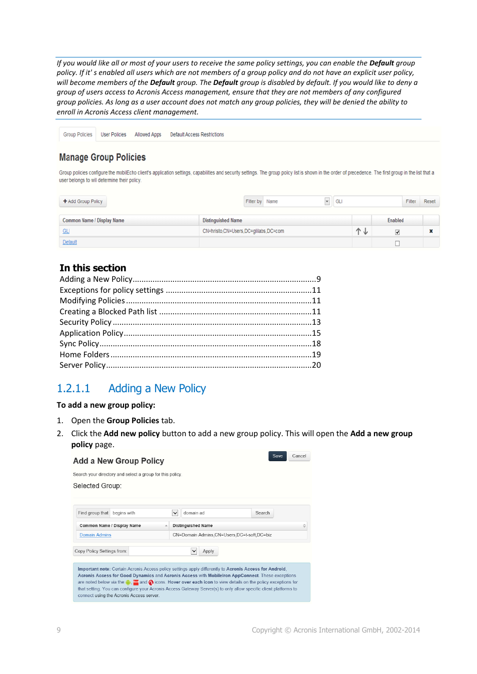 1 adding a new policy | Acronis Access Advanced - Administrator's Guide User Manual | Page 9 / 259