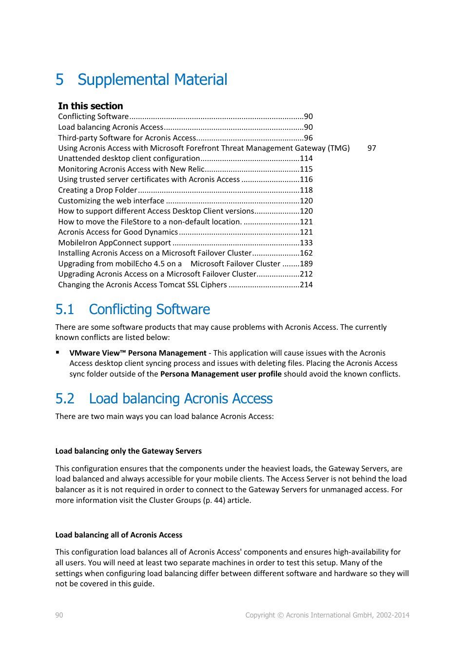 5 supplemental material, 1 conflicting software, 2 load balancing acronis access | Supplemental material, Conflicting software, Load balancing acronis access | Acronis Access Advanced - Administrator's Guide User Manual | Page 90 / 259