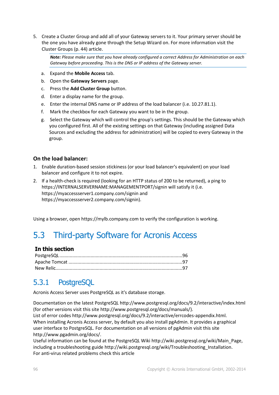 3 third-party software for acronis access, 1 postgresql, Third-party software for acronis access | Postgresql | Acronis Access Advanced - Administrator's Guide User Manual | Page 96 / 259