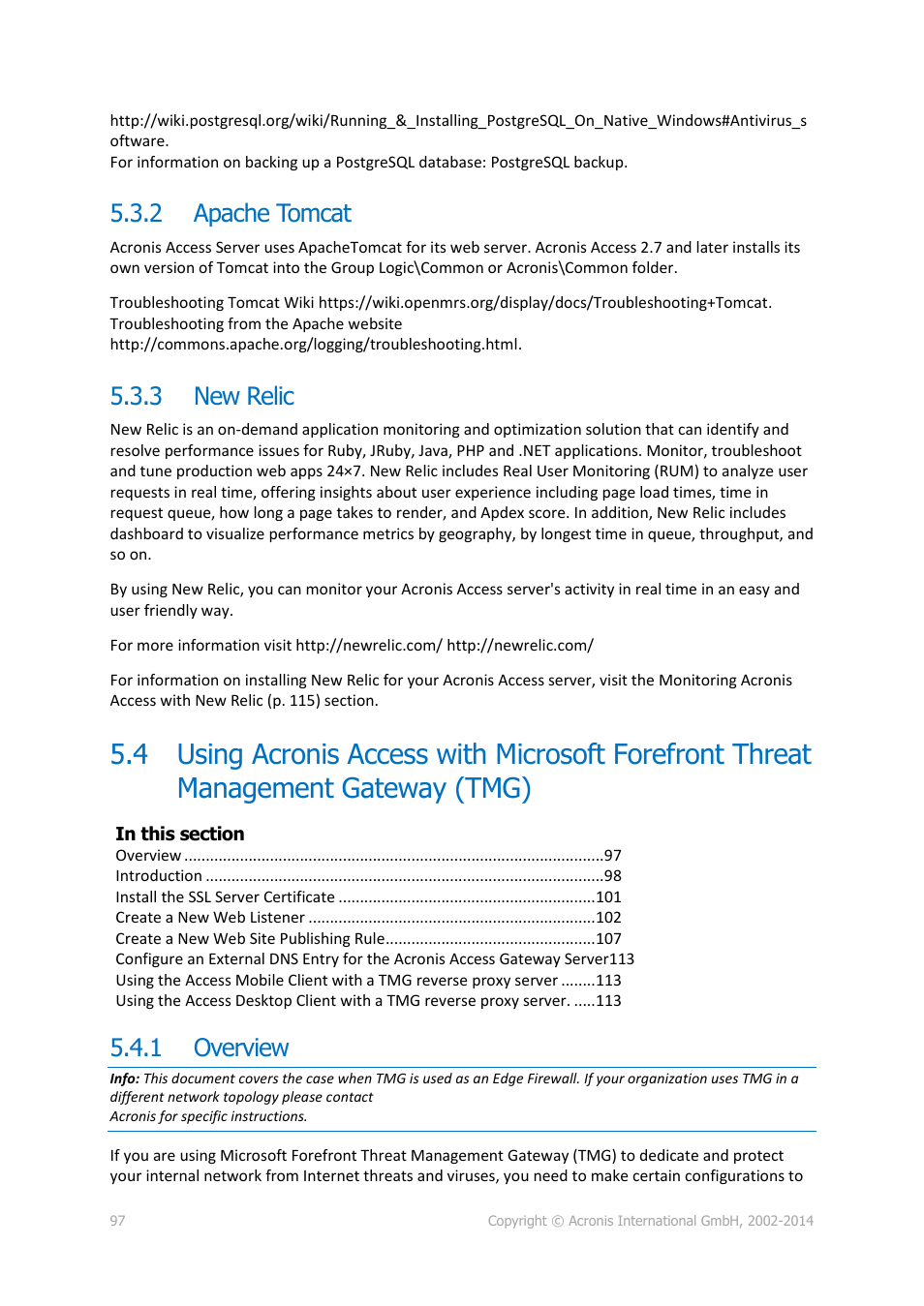 2 apache tomcat, 3 new relic, 1 overview | Apache tomcat, New relic, Overview | Acronis Access Advanced - Administrator's Guide User Manual | Page 97 / 259