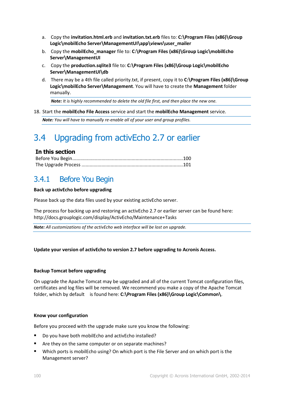 4 upgrading from activecho 2.7 or earlier, 1 before you begin, Upgrading from activecho 2.7 or earlier | Before you begin | Acronis Access Advanced - Installation Guide User Manual | Page 100 / 180