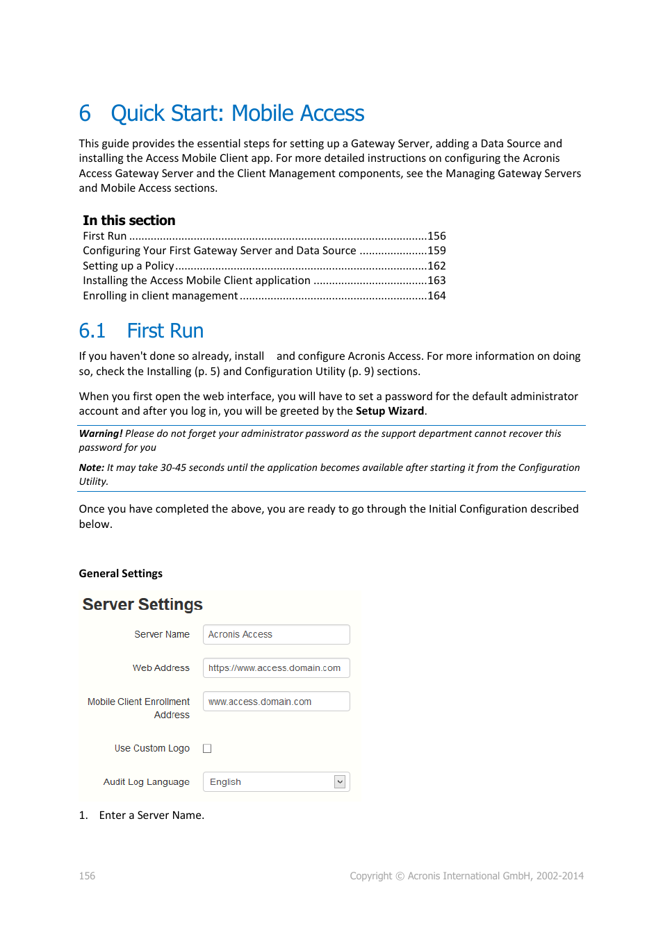 6 quick start: mobile access, 1 first run, Quick start: mobile access | First run | Acronis Access Advanced - Installation Guide User Manual | Page 156 / 180