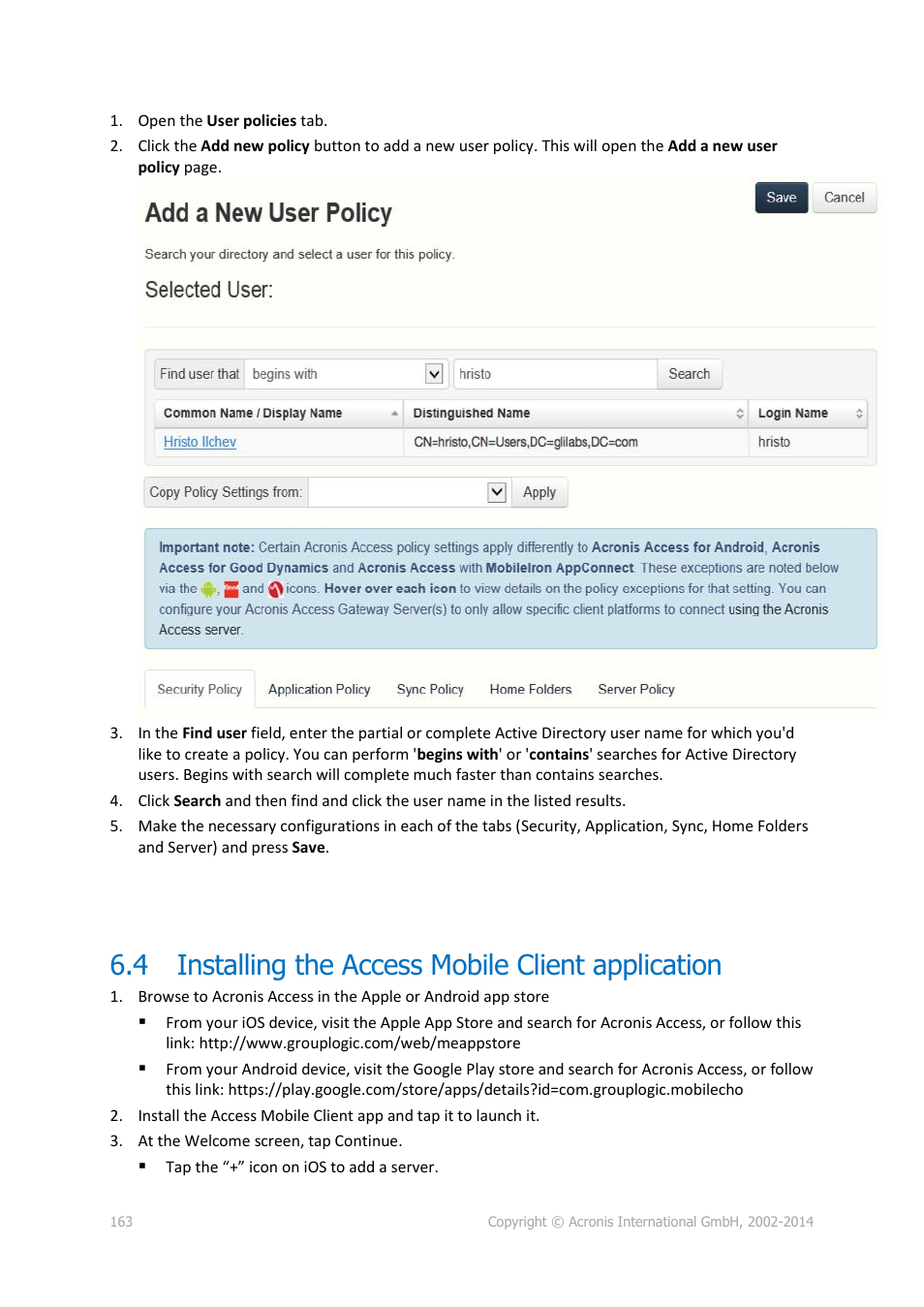4 installing the access mobile client application, Installing the access mobile client application | Acronis Access Advanced - Installation Guide User Manual | Page 163 / 180