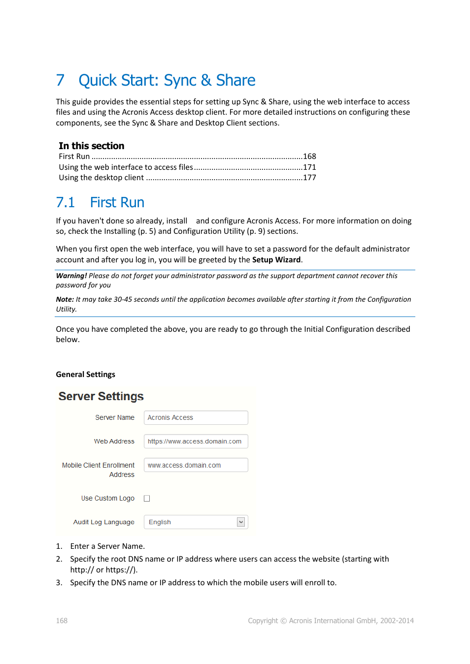 7 quick start: sync & share, 1 first run, Quick start: sync & share | First run | Acronis Access Advanced - Installation Guide User Manual | Page 168 / 180