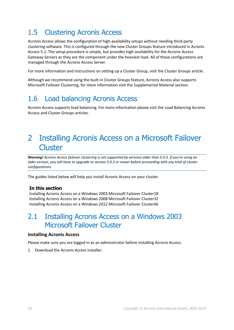 5 clustering acronis access, 6 load balancing acronis access, Clustering acronis access | Load balancing acronis access | Acronis Access Advanced - Installation Guide User Manual | Page 18 / 180