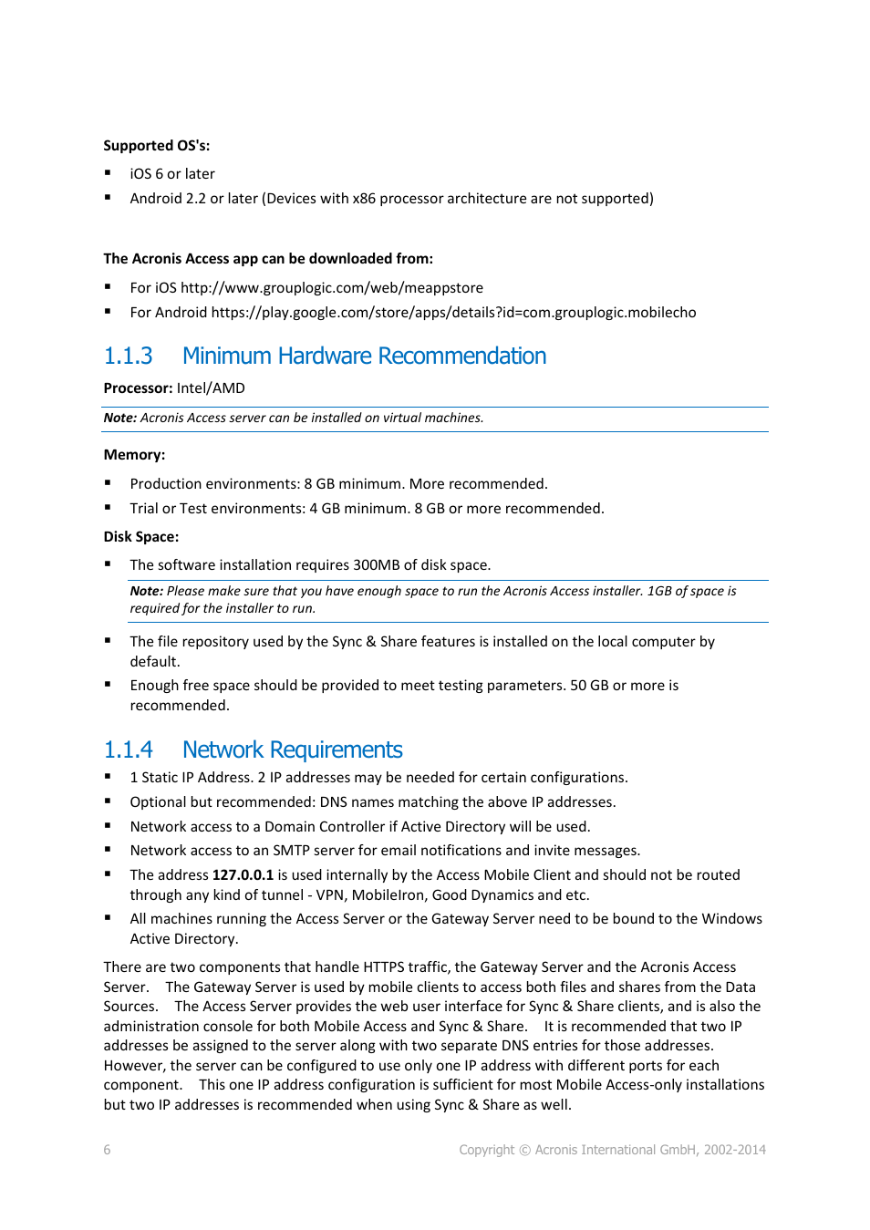 3 minimum hardware recommendation, 4 network requirements, Minimum hardware recommendation | Network requirements | Acronis Access Advanced - Installation Guide User Manual | Page 6 / 180