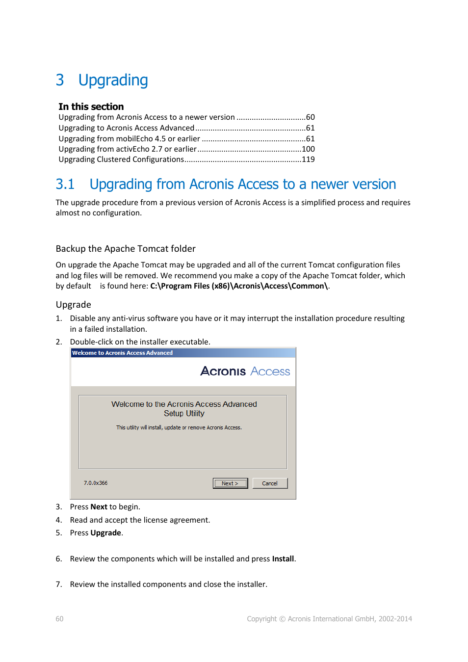 3 upgrading, 1 upgrading from acronis access to a newer version, Upgrading | Upgrading from acronis access to a newer version | Acronis Access Advanced - Installation Guide User Manual | Page 60 / 180