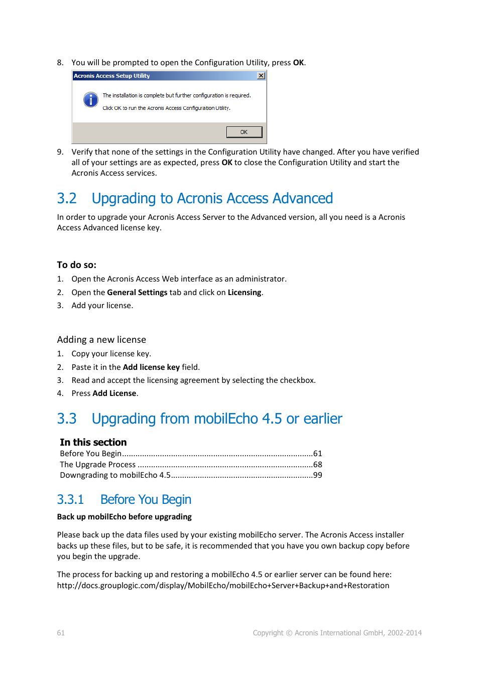 2 upgrading to acronis access advanced, 3 upgrading from mobilecho 4.5 or earlier, 1 before you begin | Upgrading to acronis access advanced, Upgrading from mobilecho 4.5 or earlier, Before you begin | Acronis Access Advanced - Installation Guide User Manual | Page 61 / 180
