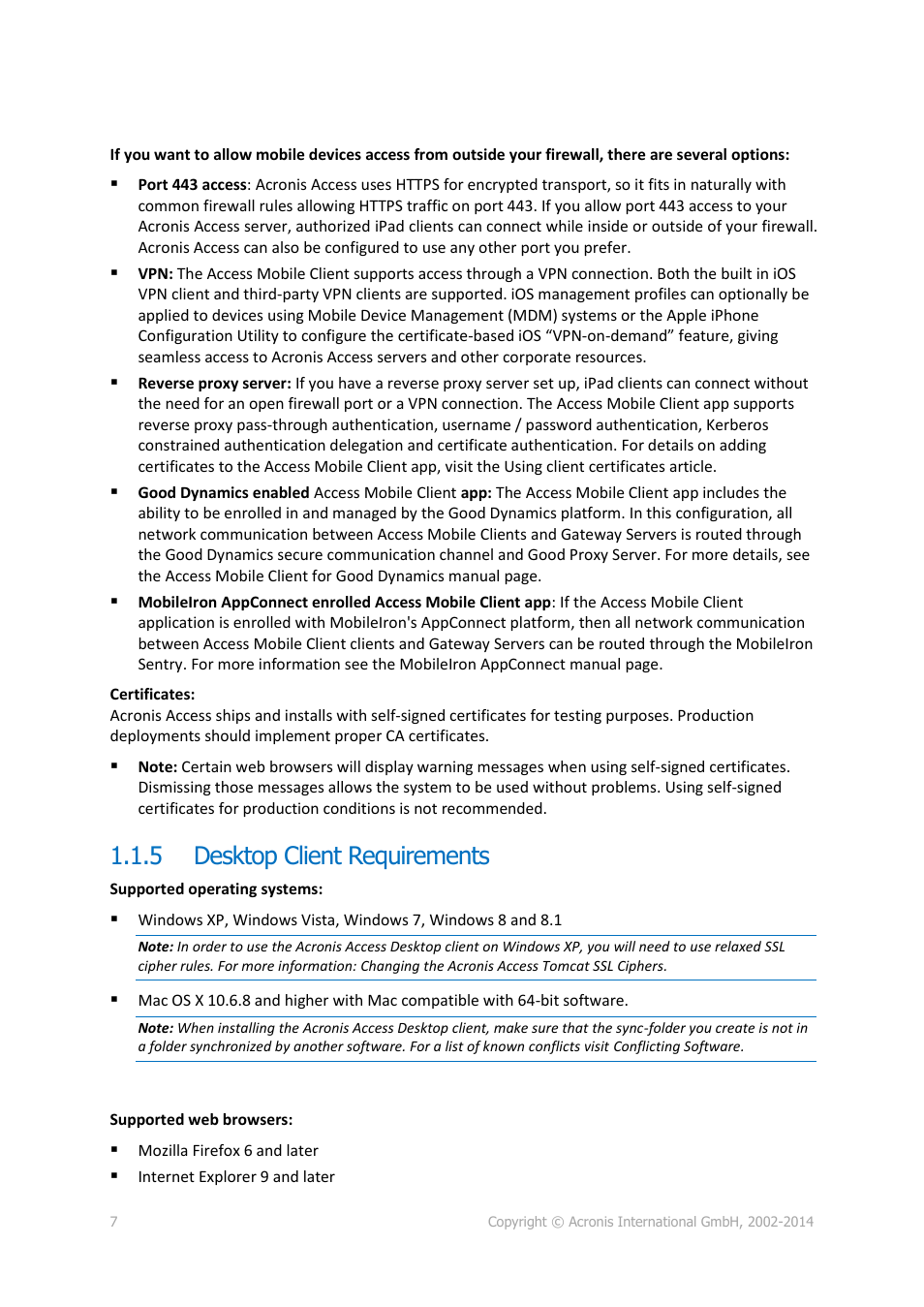 5 desktop client requirements, Desktop client requirements | Acronis Access Advanced - Installation Guide User Manual | Page 7 / 180