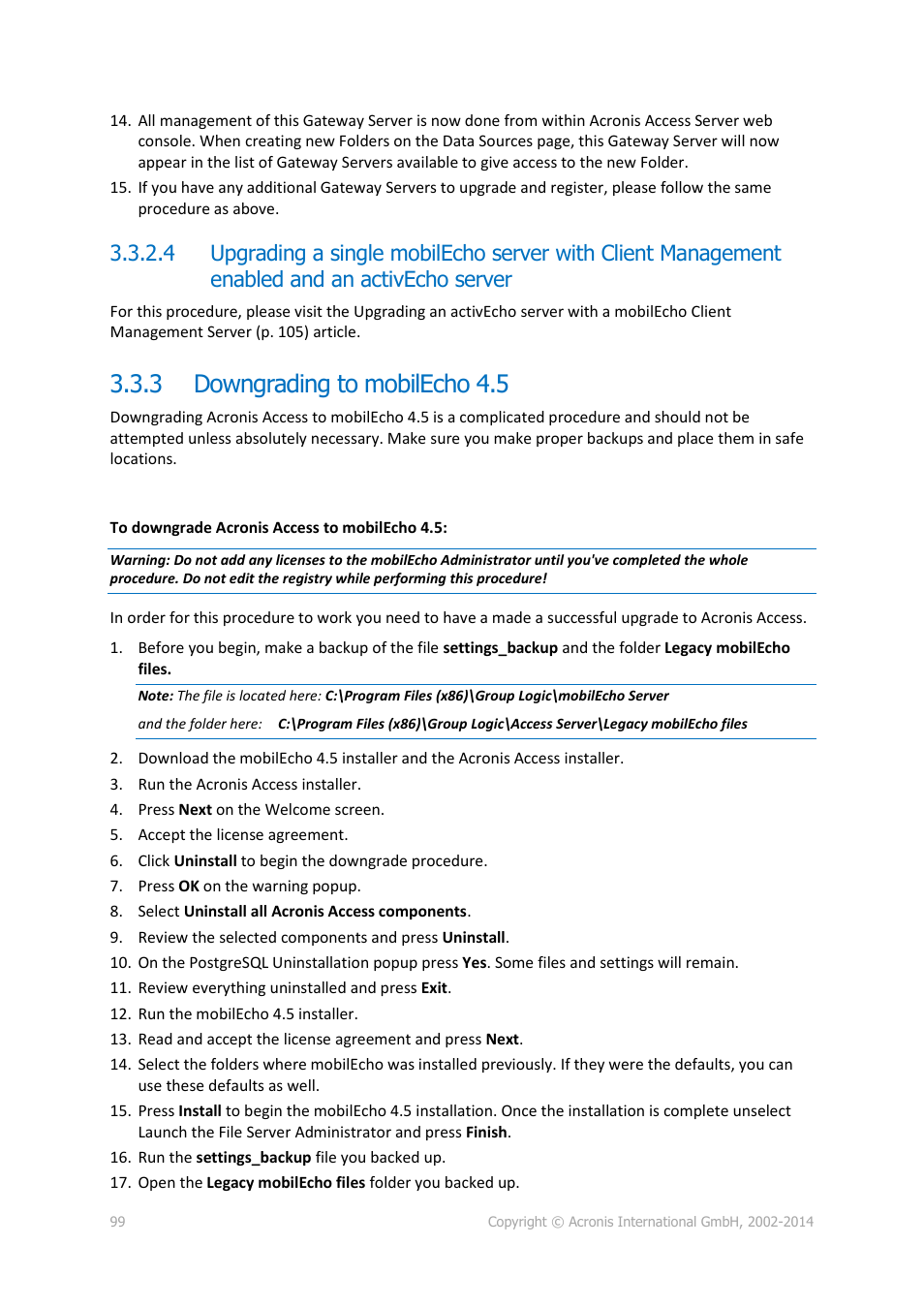 3 downgrading to mobilecho 4.5, Downgrading to mobilecho 4.5 | Acronis Access Advanced - Installation Guide User Manual | Page 99 / 180