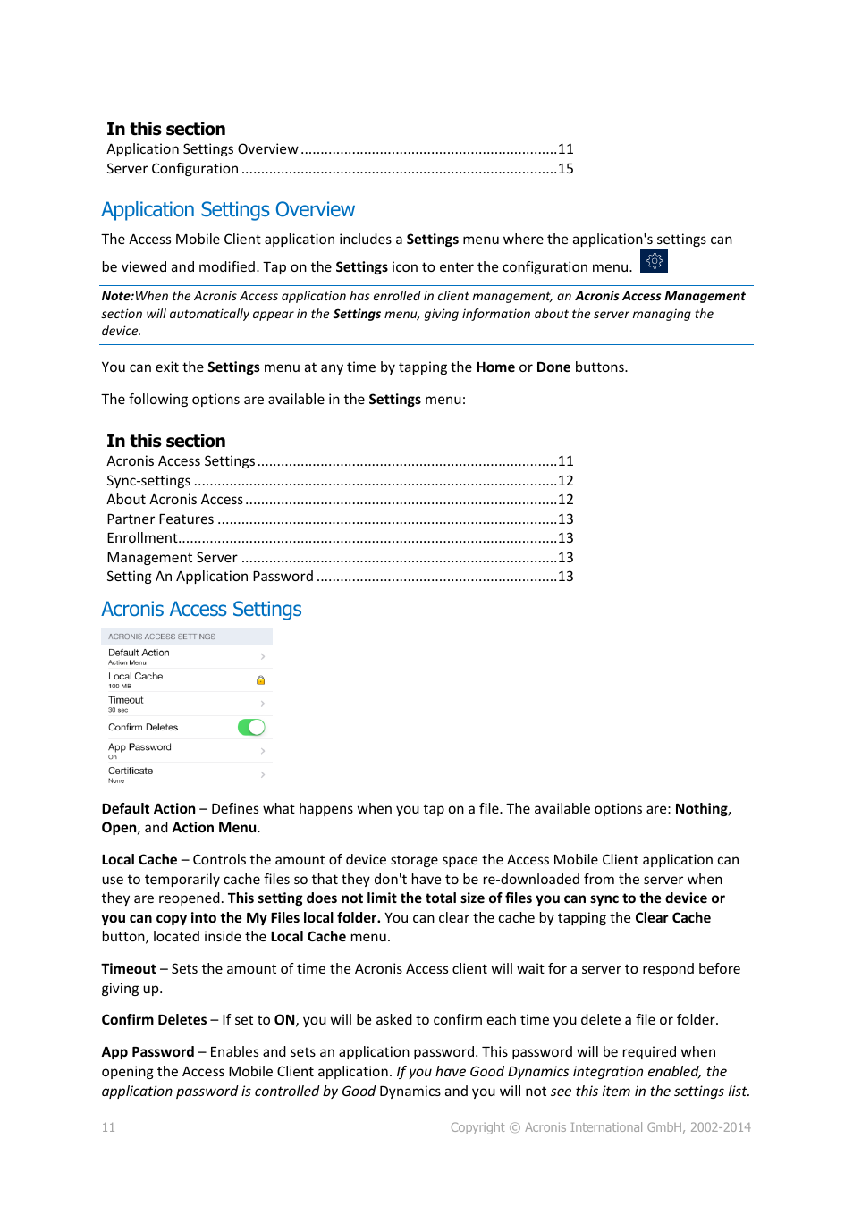 Application settings overview, Acronis access settings | Acronis Access - User Guide User Manual | Page 11 / 91