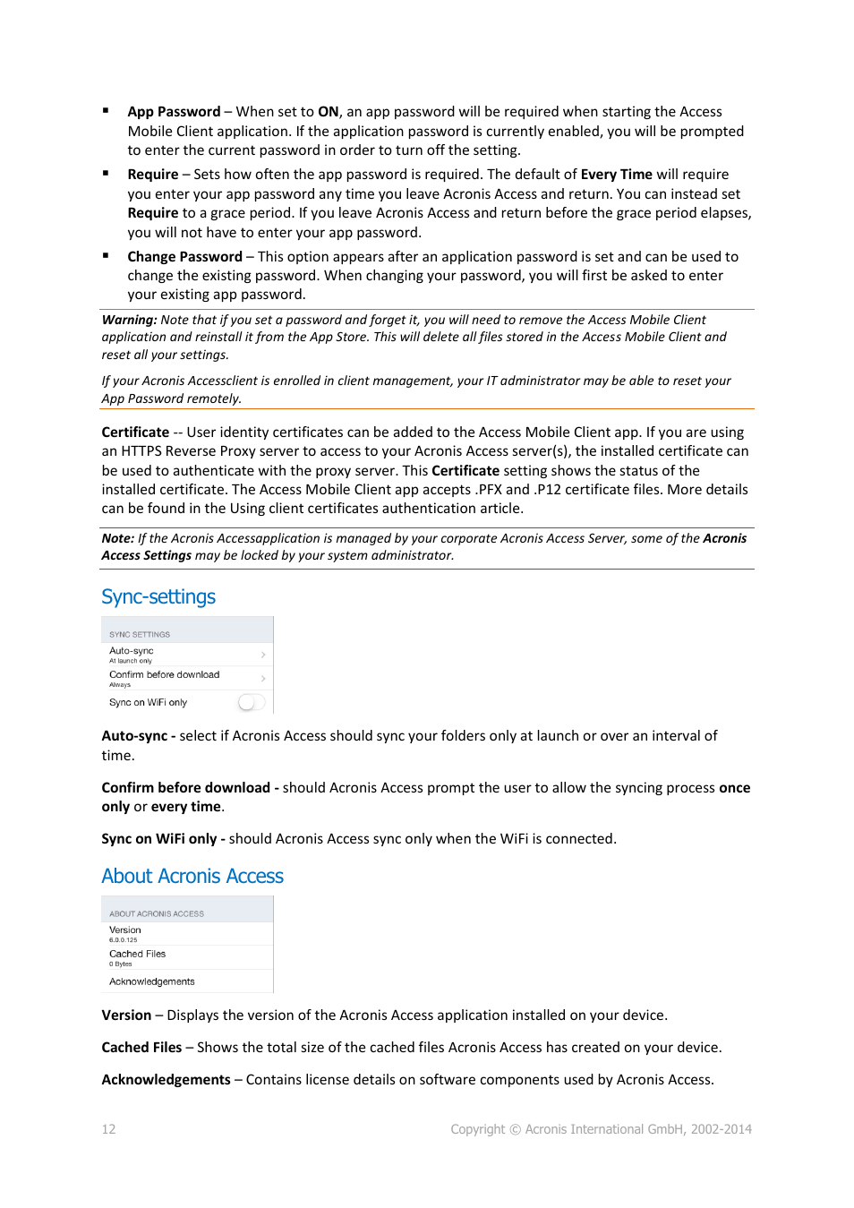 Sync-settings, About acronis access | Acronis Access - User Guide User Manual | Page 12 / 91