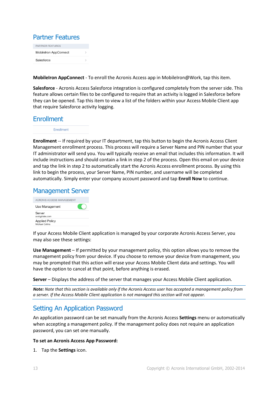 Partner features, Enrollment, Management server | Setting an application password | Acronis Access - User Guide User Manual | Page 13 / 91