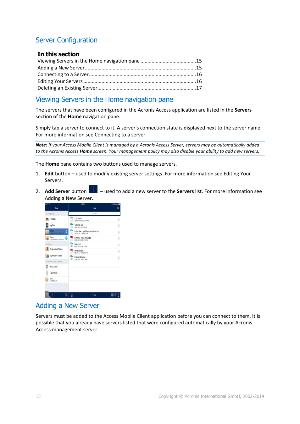 Server configuration, Viewing servers in the home navigation pane, Adding a new server | Acronis Access - User Guide User Manual | Page 15 / 91