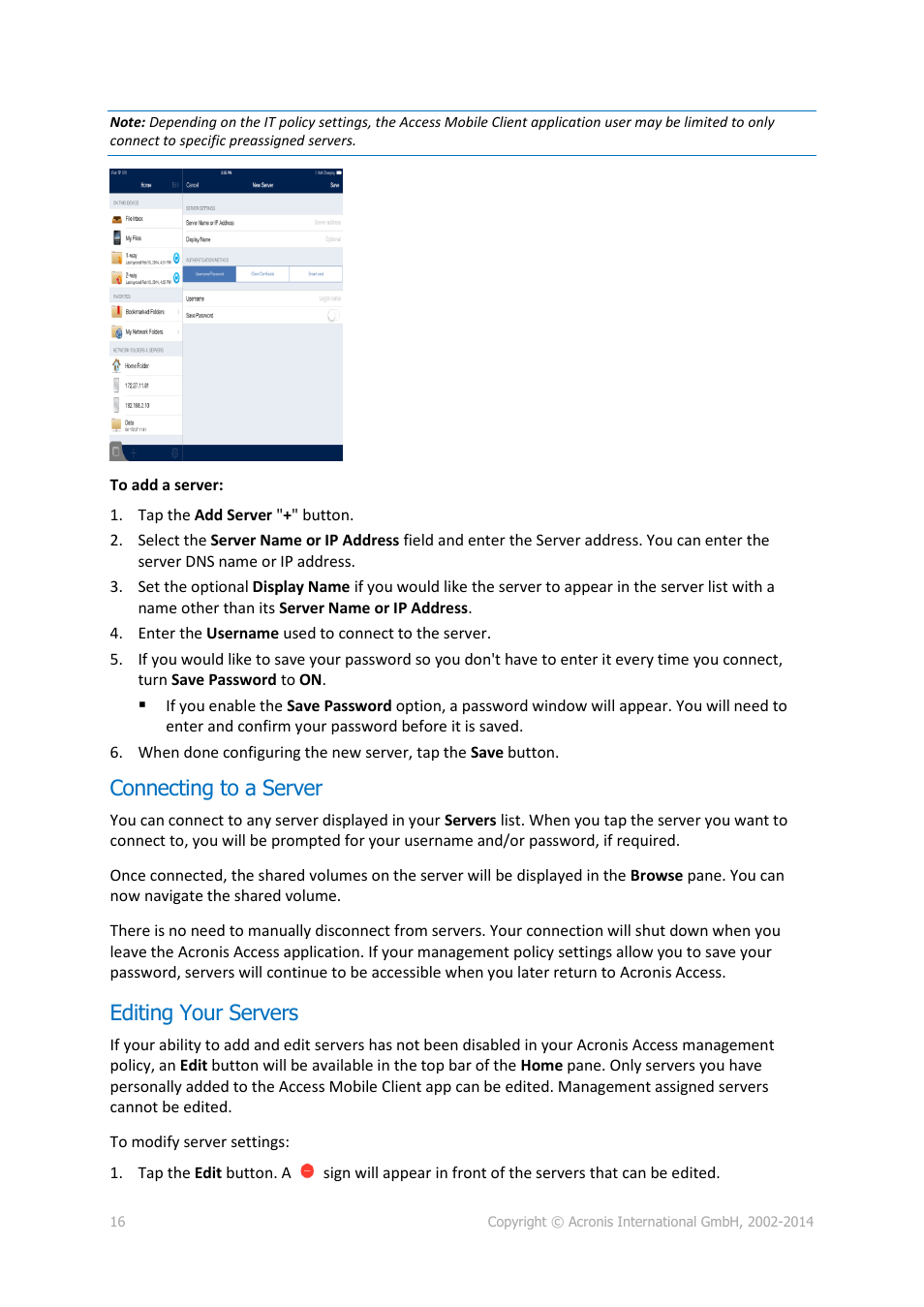 Connecting to a server, Editing your servers | Acronis Access - User Guide User Manual | Page 16 / 91
