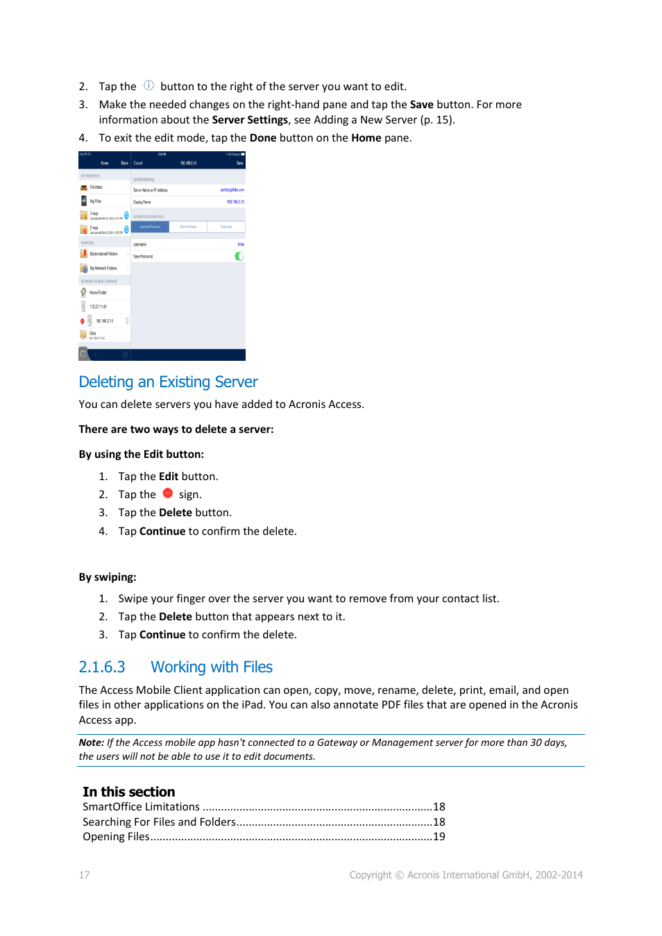 Deleting an existing server, 3 working with files, Working with files | Acronis Access - User Guide User Manual | Page 17 / 91
