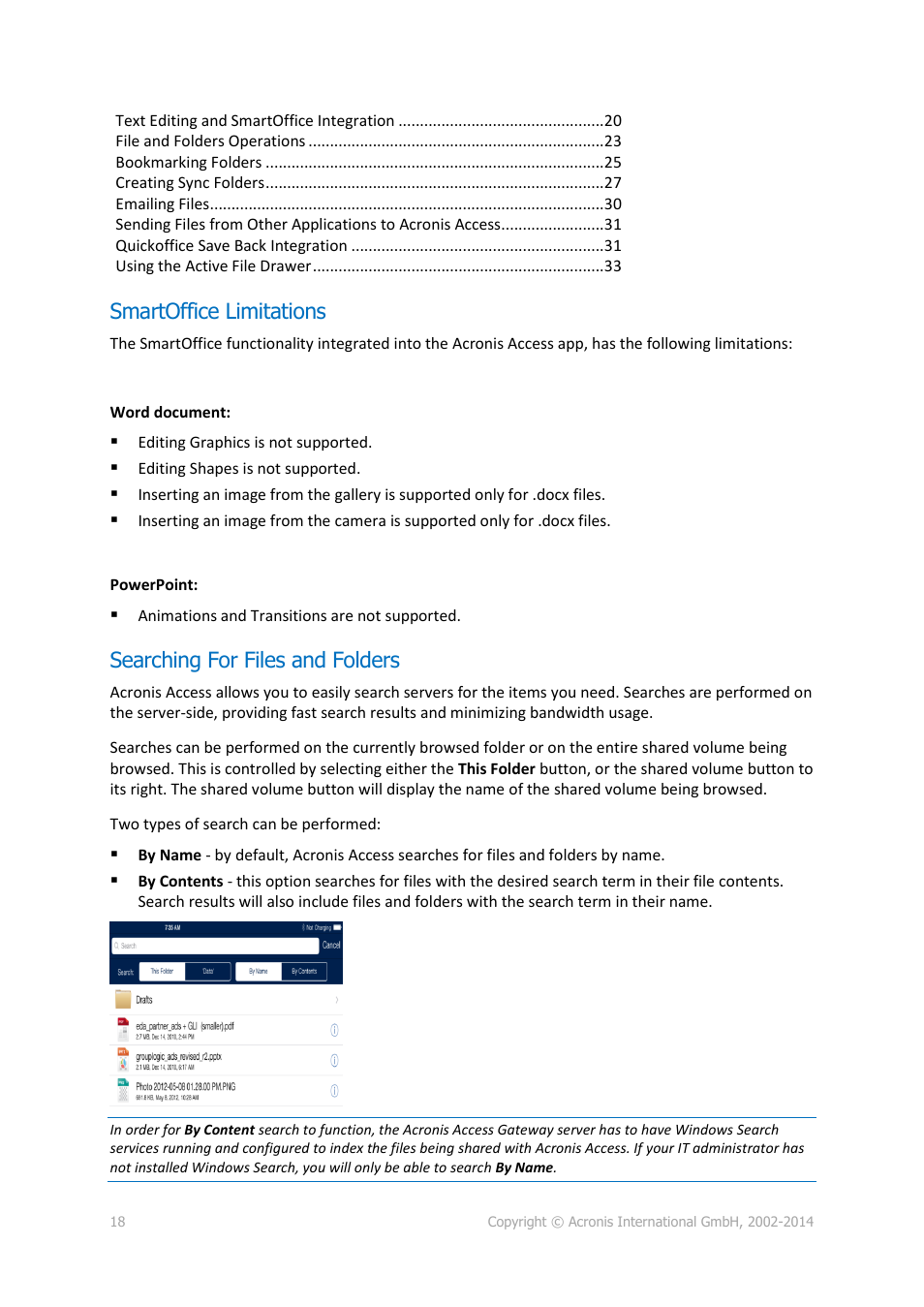 Smartoffice limitations, Searching for files and folders | Acronis Access - User Guide User Manual | Page 18 / 91