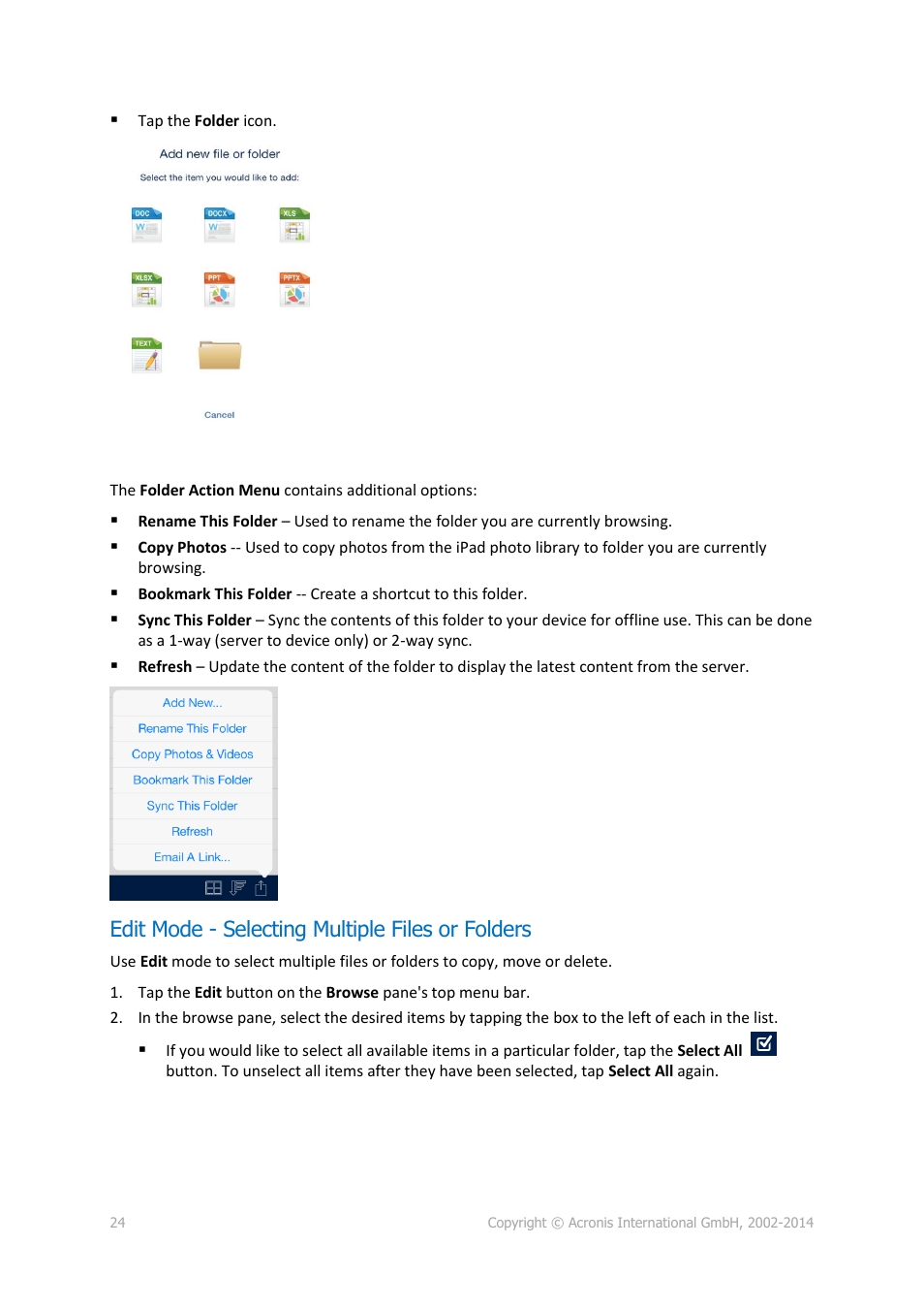 Edit mode - selecting multiple files or folders | Acronis Access - User Guide User Manual | Page 24 / 91