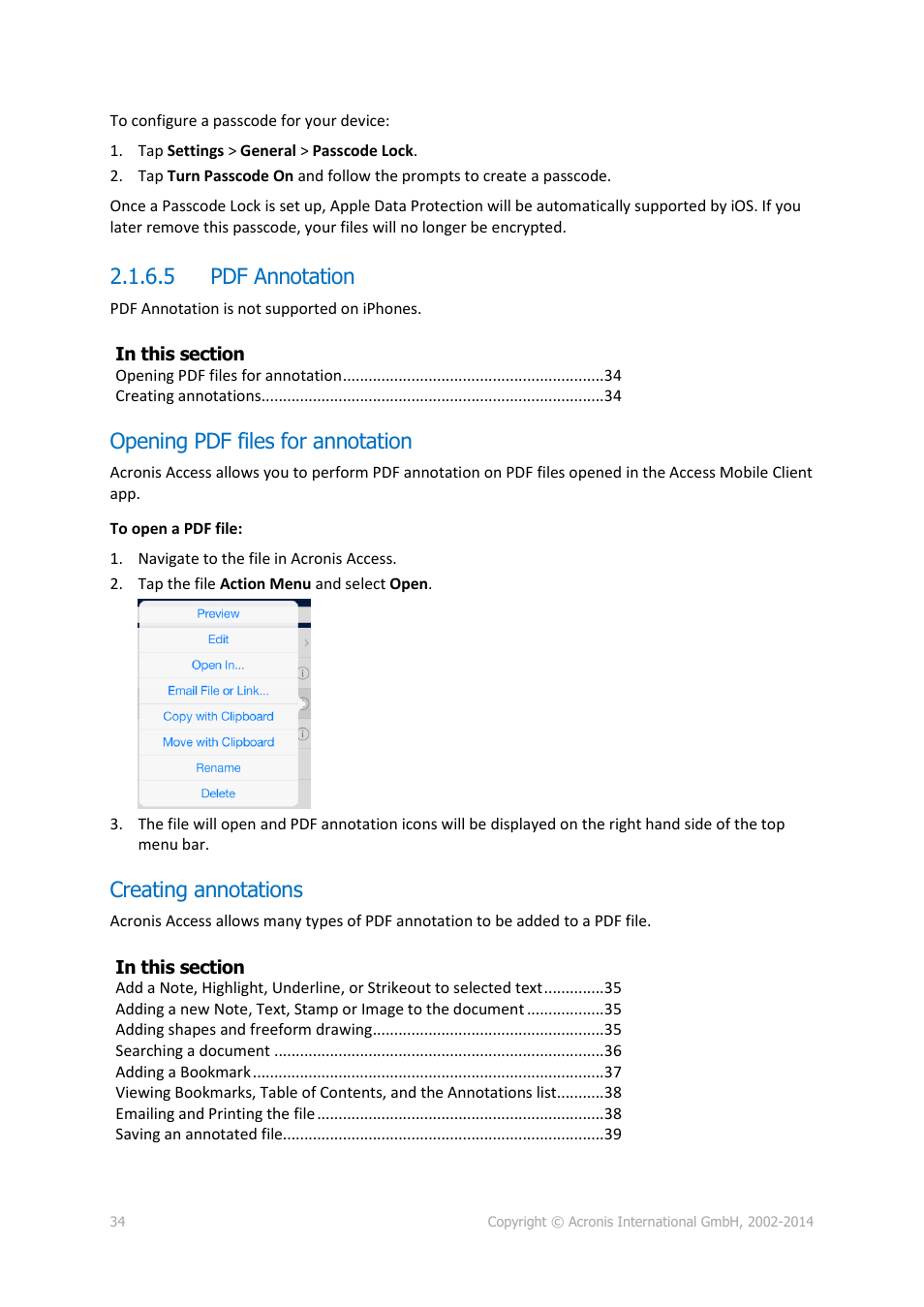 5 pdf annotation, Opening pdf files for annotation, Creating annotations | Pdf annotation | Acronis Access - User Guide User Manual | Page 34 / 91