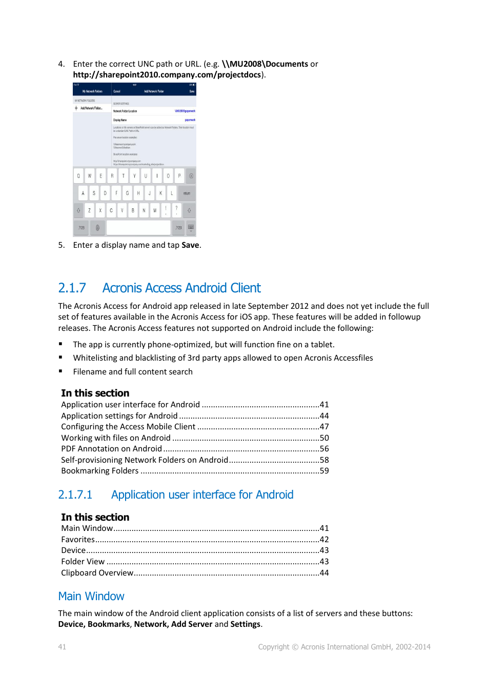 7 acronis access android client, 1 application user interface for android, Main window | Acronis access android client | Acronis Access - User Guide User Manual | Page 41 / 91