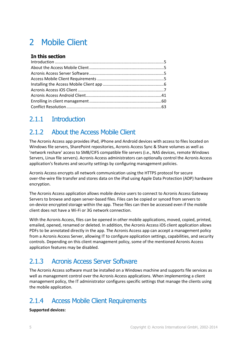 2 mobile client, 1 introduction, 2 about the access mobile client | 3 acronis access server software, 4 access mobile client requirements, Mobile client, Introduction, About the access mobile client, Acronis access server software, Access mobile client requirements | Acronis Access - User Guide User Manual | Page 5 / 91