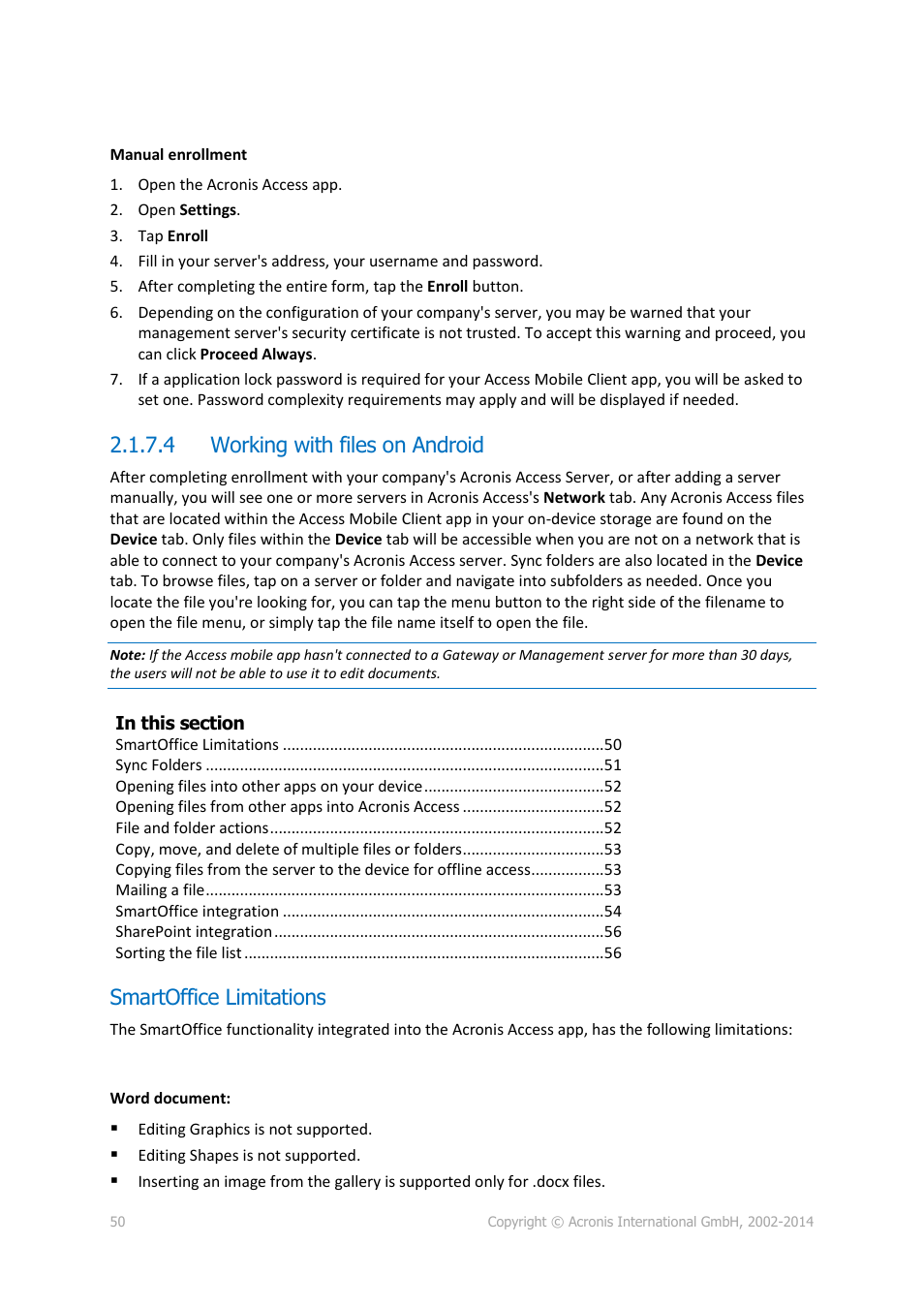 4 working with files on android, Smartoffice limitations, Working with files on android | Acronis Access - User Guide User Manual | Page 50 / 91