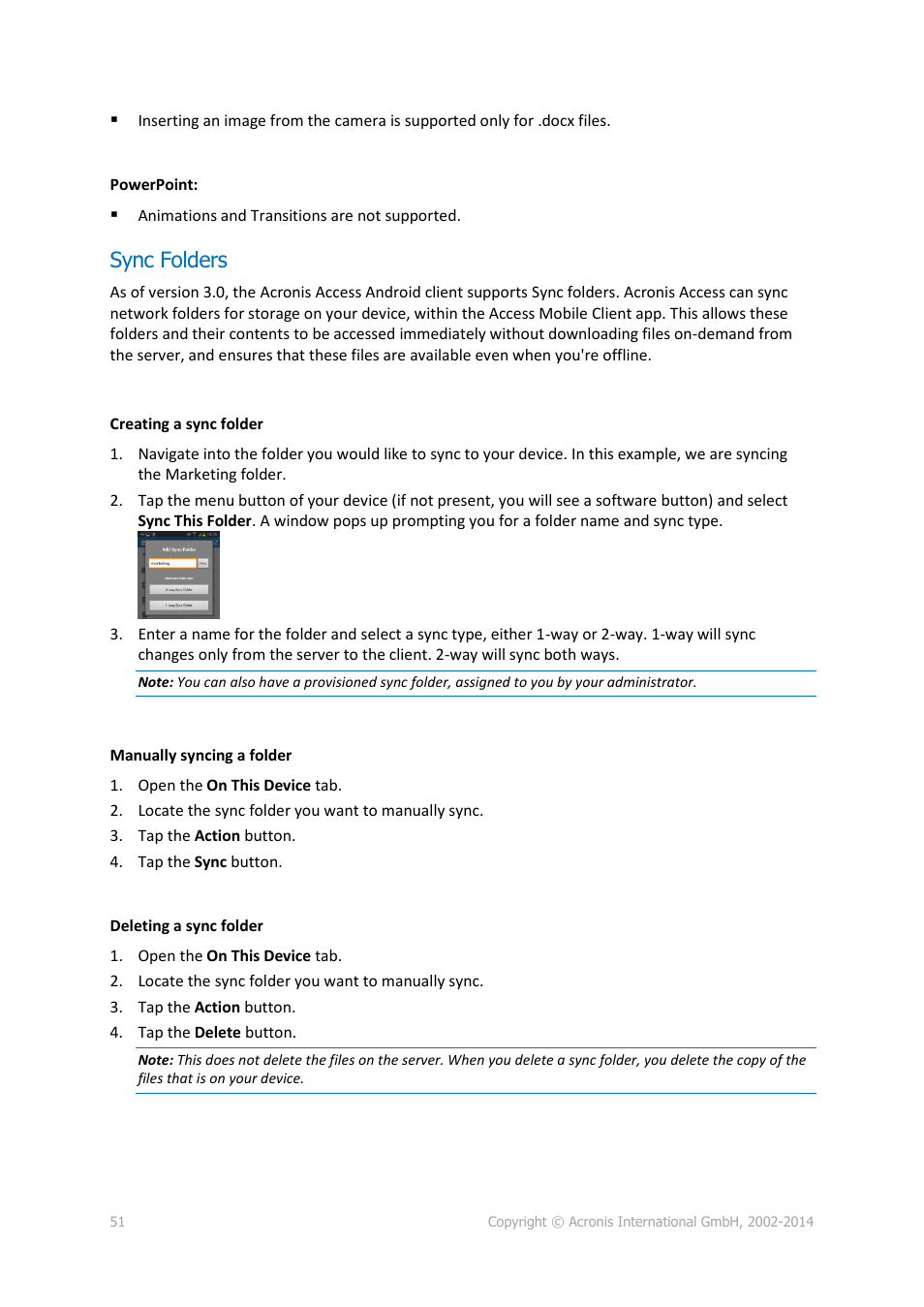 Sync folders | Acronis Access - User Guide User Manual | Page 51 / 91